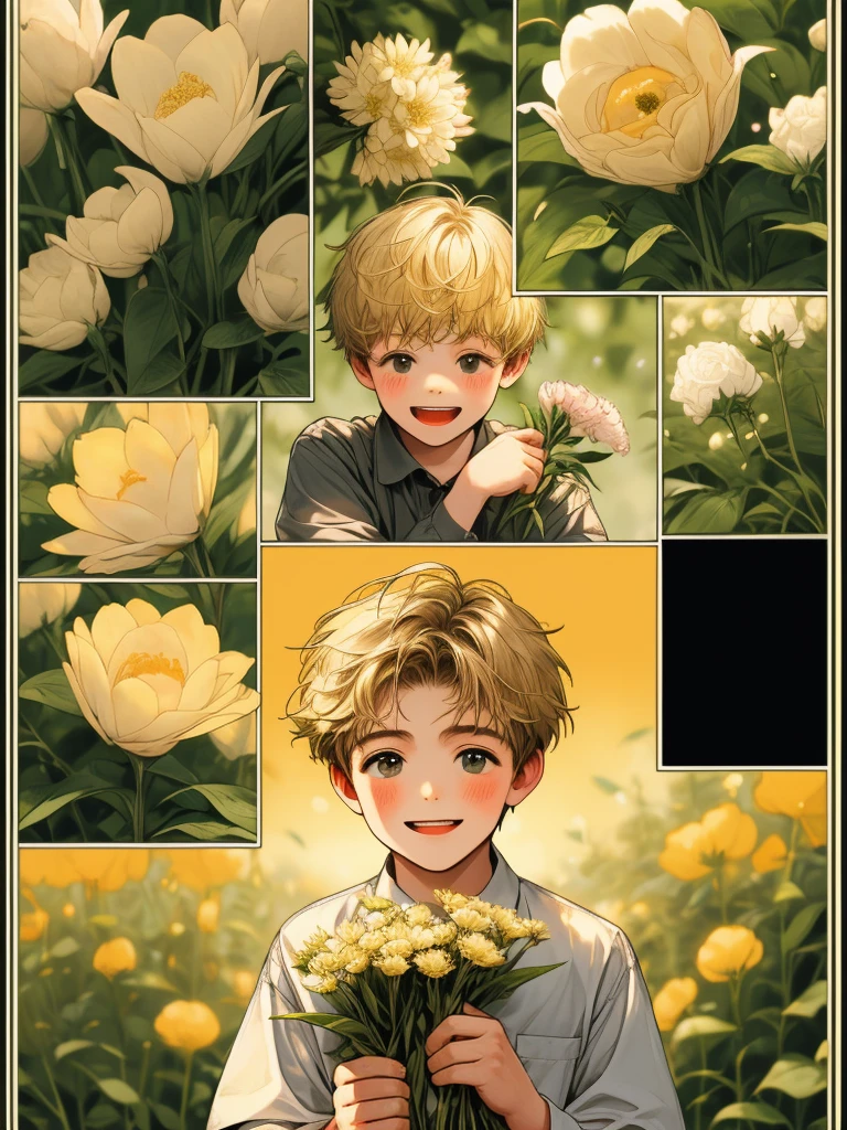 masterpiece, collage of little boy holding flowers, happy, short blond hair