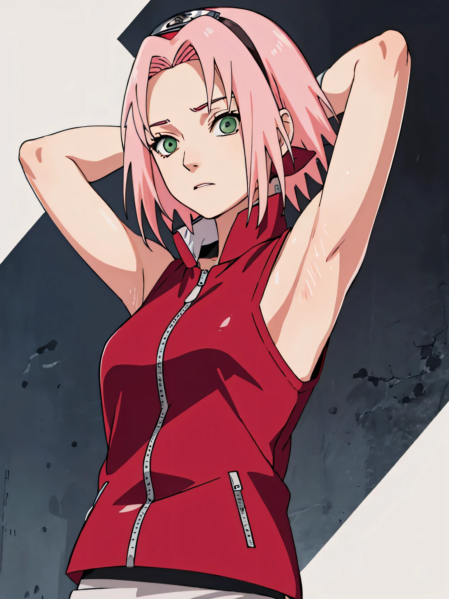 Anime girl with pink hair and green eyes in red top - SeaArt AI