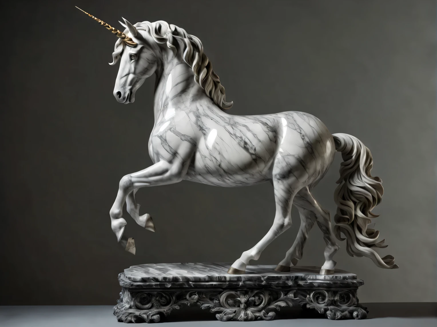 Marble Unicorn Sculpture, whole body, full pose, black and white marble unicorn, work of sculptor Francesco Chirolo, complete imitation of the style of Francesco Chirolo, complex parts, very detailed description, accurate transmission, high detail, dark background, complex parts, High complexity