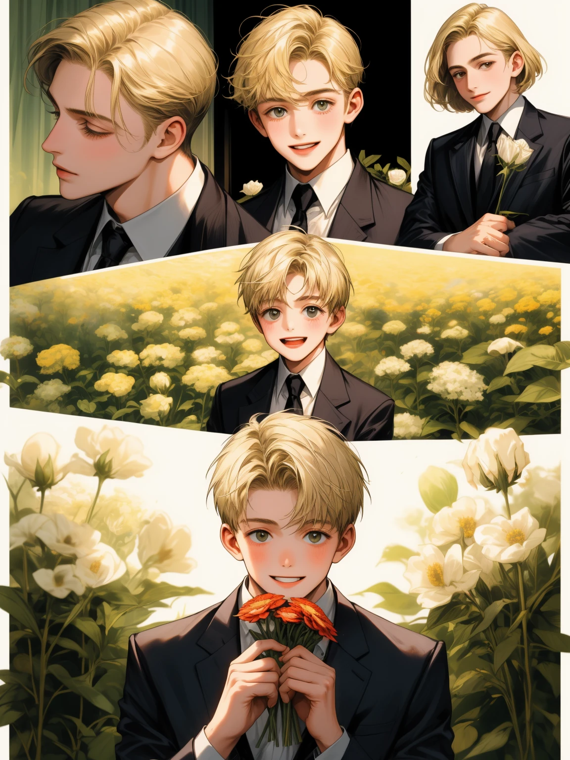 masterpiece, collage of little boy holding flowers, happy, short blond hair