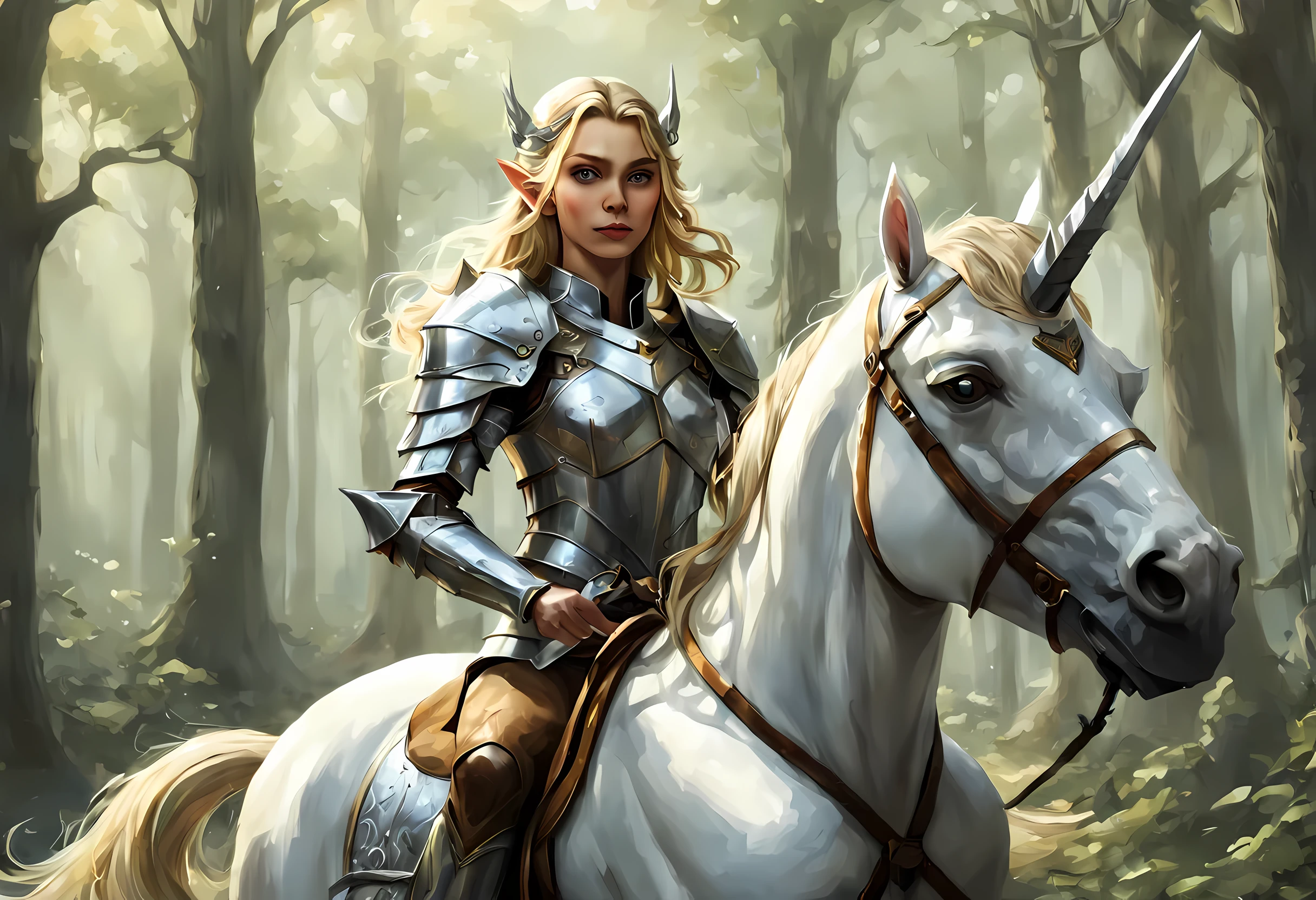 a illustration of a beautiful female elf knight riding a unicorn in the forest, female elf knight, extremely beautiful female elf (best details, Masterpiece, best quality: 1.5), ultra feminine princess, ultra detailed face (best details, Masterpiece, best quality: 1.5), determined face, ready for war, blond hair, long hair, wavy hair, dynamic eyes color, armed with a long sword, wearing leather armor, elven armor (best details, Masterpiece, best quality: 1.5), white unicorn (best details, Masterpiece, best quality: 1.5), fantasy forest and some clouds in the background, fantasy art dnd art, RPG art magv1ll, Ultra-Wide Angle, high detail, award winning, best quality, HD, 16K, high details, best quality, absurd highres, ultra wide angle, photorealistic, ultra realistic [[anatomically correct]], high details, best quality, 16k, [ultra detailed], masterpiece, best quality, (extremely detailed), ultra wide shot, photorealistic,