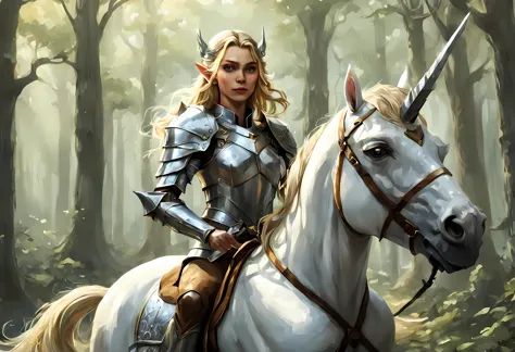 a illustration of a beautiful female elf knight riding a unicorn in the forest, female elf knight, extremely beautiful female el...