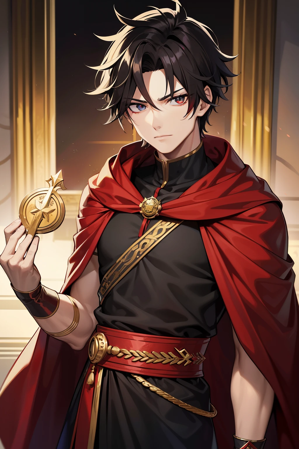 (high-quality, breathtaking),(expressive eyes, perfect face) 1boy, boy, solo, , black hair, red coloured eyes, short hair length, comma forehead hair, korean hair, spiky hair, calm expression, looking at viewer, portrait, ancient greek clothes, red and black tunic, greek, gold sash, music inspired background, related to Orpheus, hair accessory red, black cloak, adventurers clothing, God of Beasts and Nightmares, wild hair, masculine face, Roman Clothing, age 16, Oneiroi, honkai star rail Dr Ratio Character
