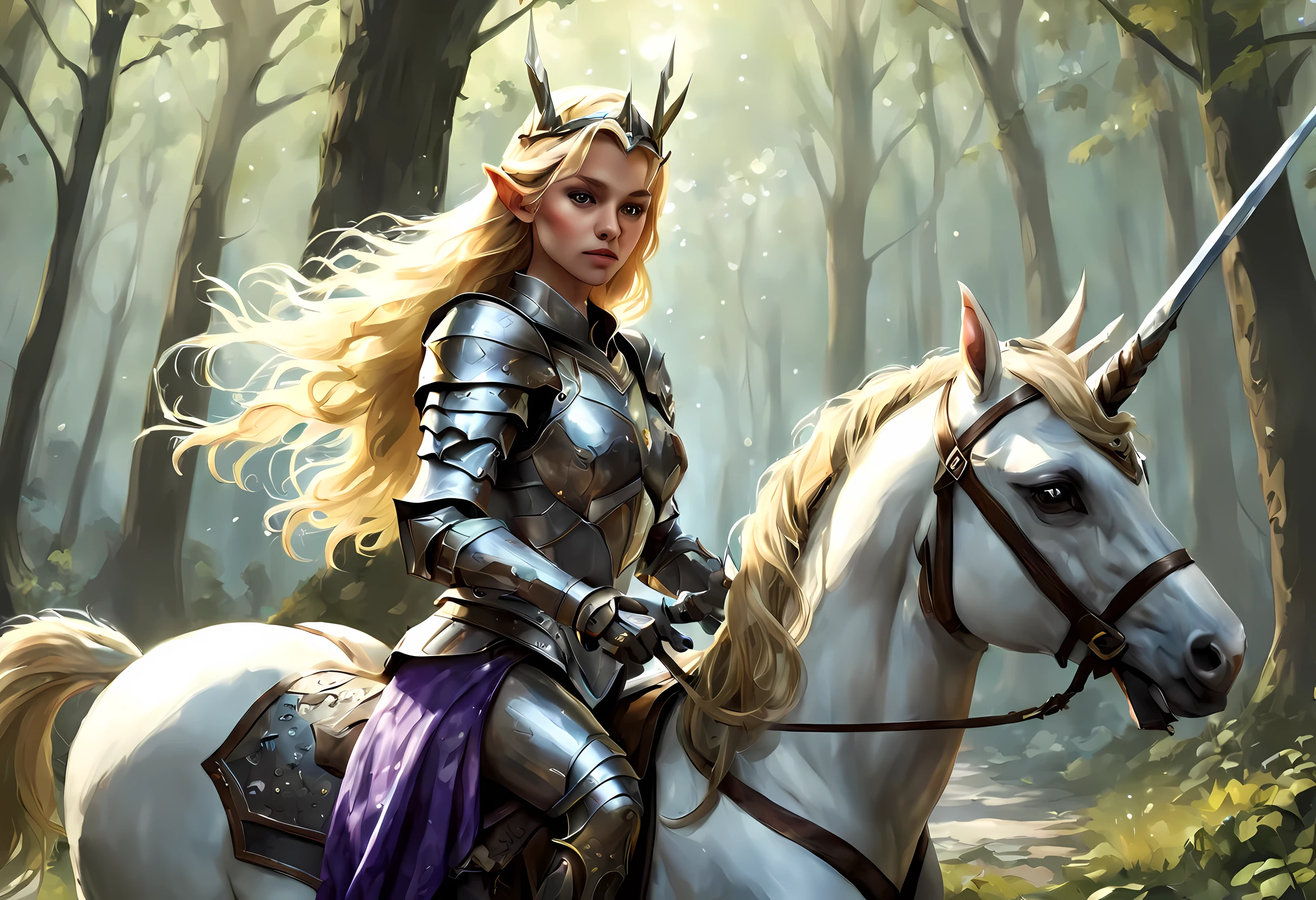 a illustration of a beautiful female elf knight riding a unicorn in the forest, female elf knight, extremely beautiful female elf (best details, Masterpiece, best quality: 1.5), ultra feminine princess, ultra detailed face (best details, Masterpiece, best quality: 1.5), determined face, ready for war, blond hair, long hair, wavy hair, dynamic eyes color, armed with a long sword, wearing leather armor, elven armor (best details, Masterpiece, best quality: 1.5), white unicorn (best details, Masterpiece, best quality: 1.5), fantasy forest and some clouds in the background, fantasy art dnd art, RPG art magv1ll, Ultra-Wide Angle, GlowingRunesAI_purple high detail, award winning, best quality, HD, 16K, high details, best quality, absurd highres, ultra wide angle, photorealistic, ultra realistic [[anatomically correct]], high details, best quality, 16k, [ultra detailed], masterpiece, best quality, (extremely detailed), ultra wide shot, photorealistic,