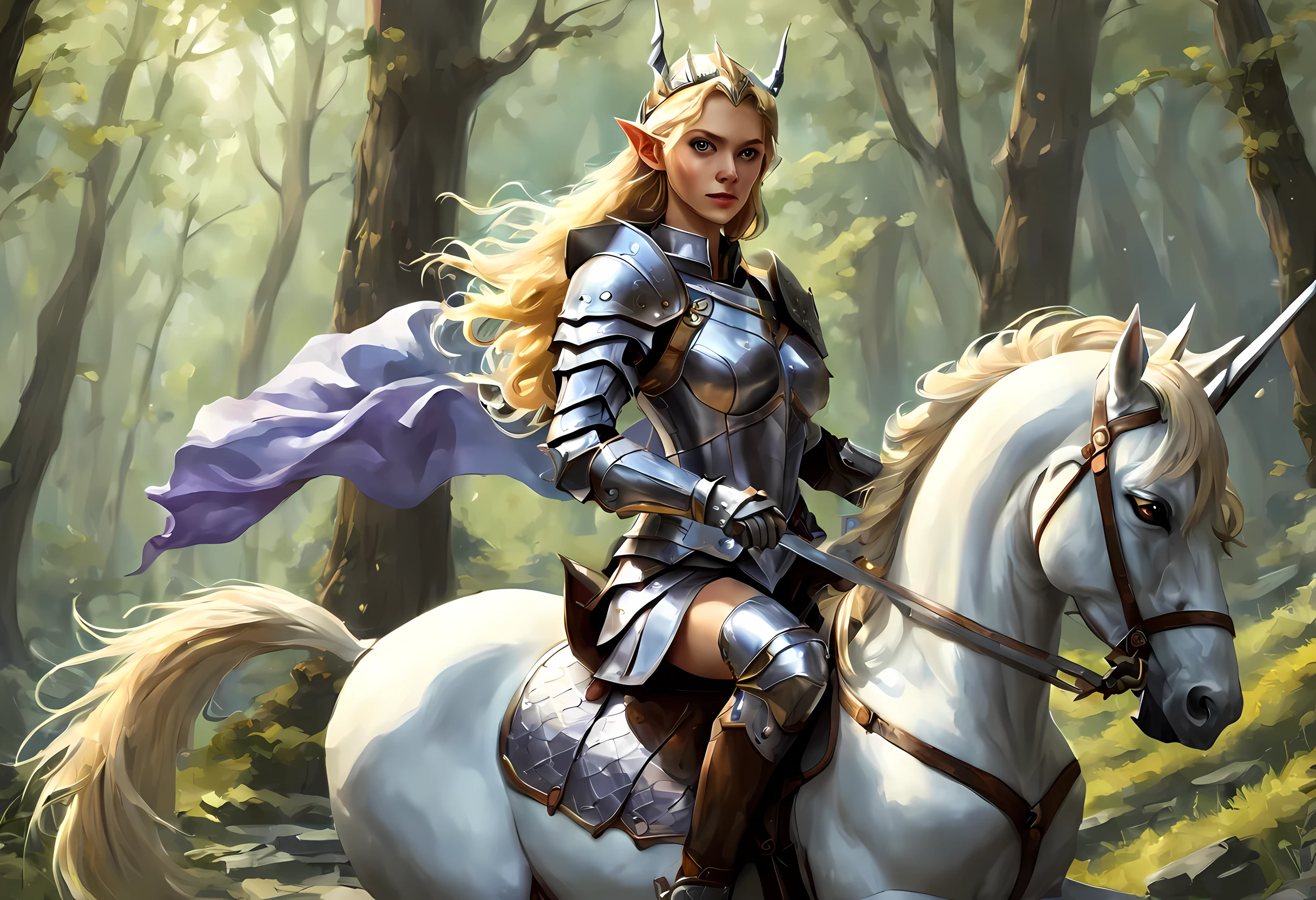 a illustration of a beautiful female elf knight riding a unicorn in the forest, female elf knight, extremely beautiful female elf (best details, Masterpiece, best quality: 1.5), ultra feminine princess, ultra detailed face (best details, Masterpiece, best quality: 1.5), determined face, ready for war, blond hair, long hair, wavy hair, dynamic eyes color, armed with a long sword, wearing leather armor, elven armor (best details, Masterpiece, best quality: 1.5), white unicorn (best details, Masterpiece, best quality: 1.5), fantasy forest and some clouds in the background, fantasy art dnd art, RPG art magv1ll, Ultra-Wide Angle, GlowingRunesAI_purple high detail, award winning, best quality, HD, 16K, high details, best quality, absurd highres, ultra wide angle, photorealistic, ultra realistic [[anatomically correct]], high details, best quality, 16k, [ultra detailed], masterpiece, best quality, (extremely detailed), ultra wide shot, photorealistic,