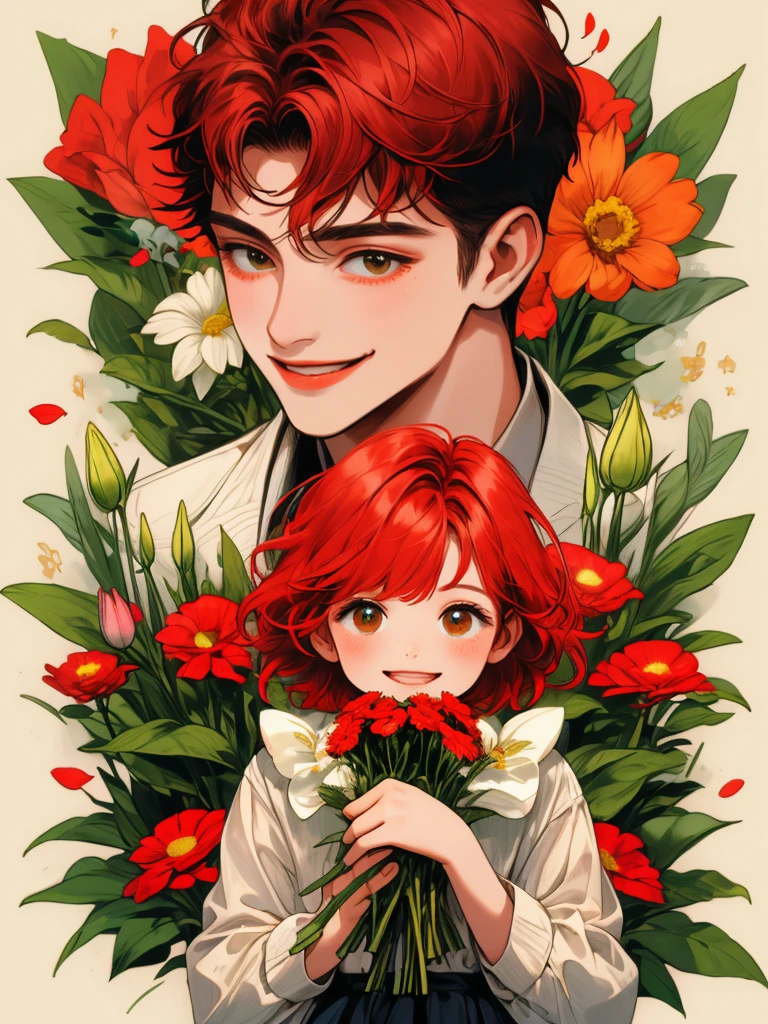 masterpiece, collage of little boy holding flowers, happy, short red hair