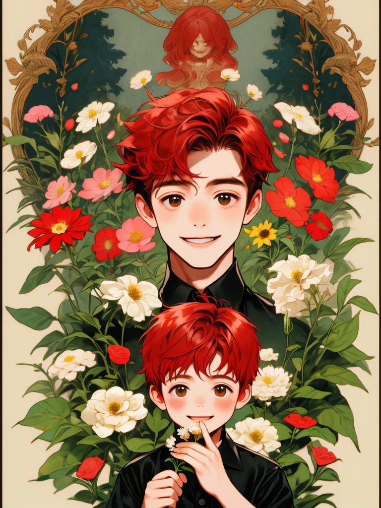 masterpiece, collage of little boy holding flowers, happy, short red hair