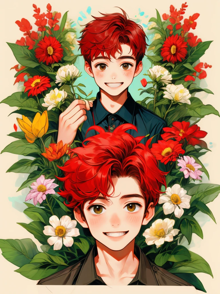 masterpiece, collage of little boy holding flowers, happy, short red hair