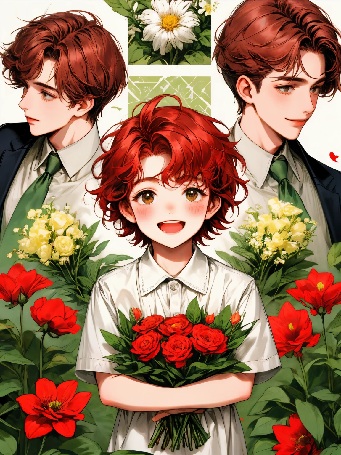 obra maestra, collage de niño sosteniendo flores, Feliz, pelo rojo corto