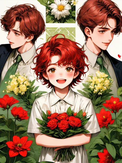 masterpiece, collage of little boy holding flowers, happy, short red hair