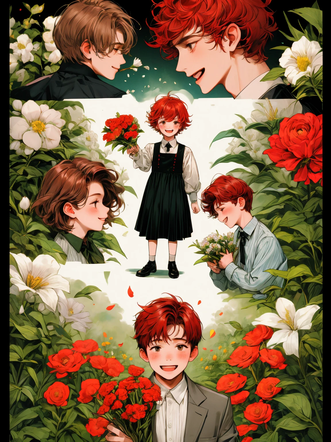 masterpiece, collage of little boy holding flowers, happy, short red hair