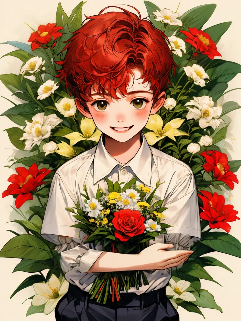 masterpiece, collage of little boy holding flowers, happy, short red hair