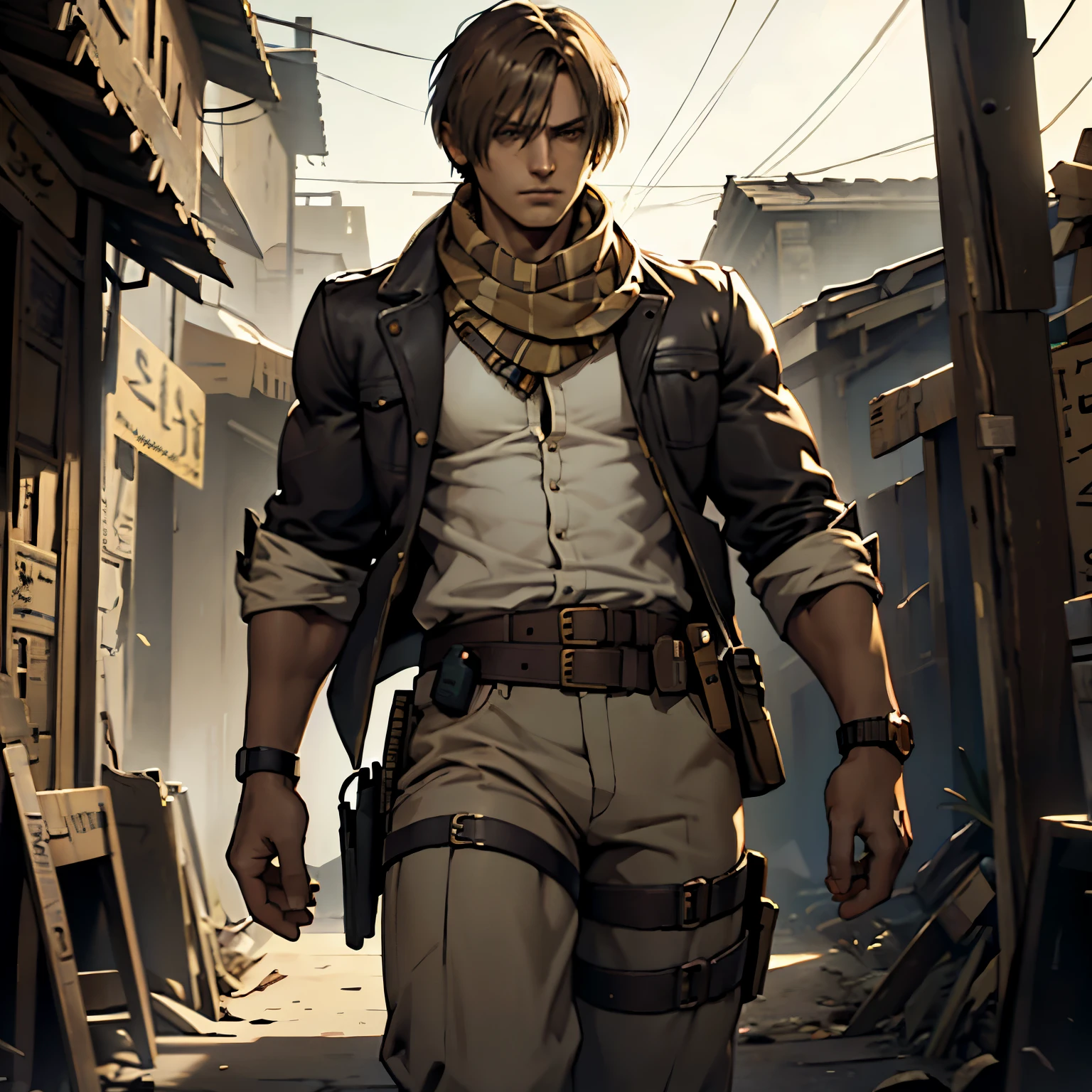 Leon Kennedy, stern, facing camera, Egypt, Egyptian city, old times, explorer outfit, white button down shirt, scarf, pants, belt, holster, handsome, dark brown hair, dark hair