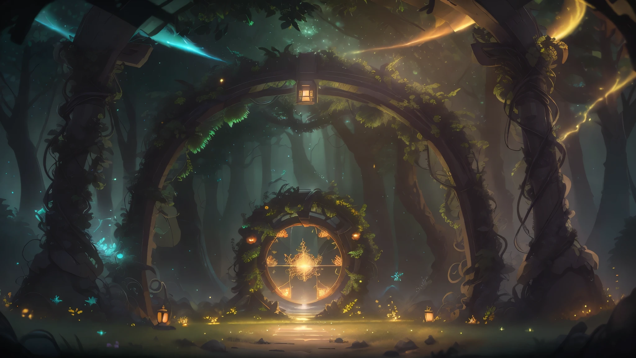 (Digital Artwork:1.3) of (Sketched:1.1) octane render of a mysterious dense forest with a large (magical:1.2) circular gate (portal:1.3) to another dimension, The portal frame is designed with rocks, with engraved glowing hieroglyphs, with fireflies and glowing particle effects, ethereal ambience, (UI interface frame design), (natural elements), (jungle theme), (leaves) , (twigs), (fireflies), butterflies, (delicate leaves), (glow), (particle effects, light engrave in intricate details, (light particle:1.2), (game concept:1.3), (depth of field:1.3), global illumination,Highly Detailed,Trending on ArtStation