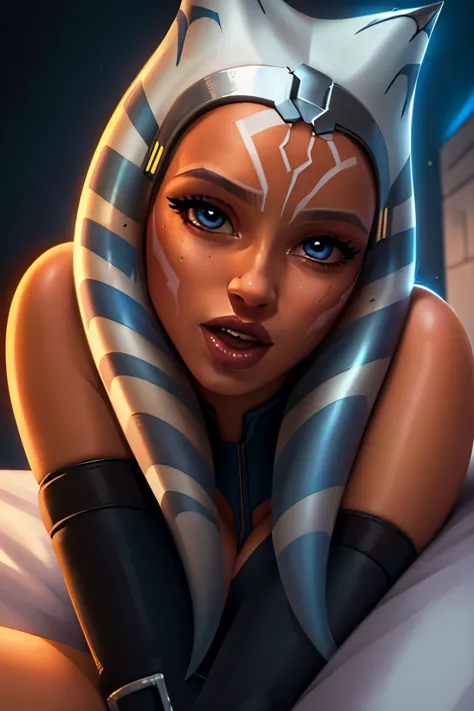 1girl, ahsoka tano, mandalorian armor, sideboob, skinny, leaning forward, close-up, pov, licking finger, naughty face, lying on the bed , beautiful face, detailed eyes, depth of field, masterpiece, high quality, highres,  
