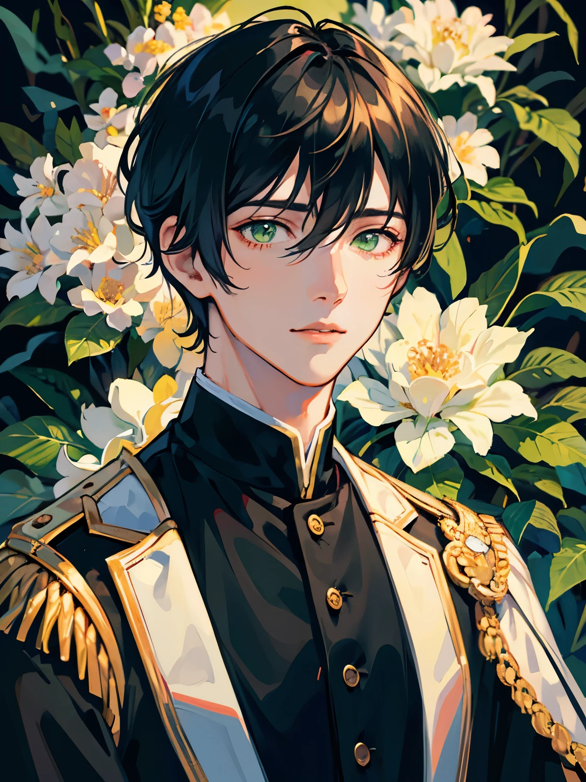 male, young male, male black hair, green eyes, idol uniform, photo shoot, anime portrait, flower garden background, realistic light and shadow, soft lighting, very detailed 