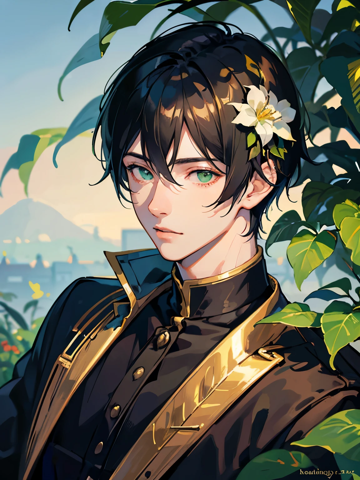 male, young male, male black hair, green eyes, idol uniform, photo shoot, anime portrait, model style, flower garden background, realistic light and shadow, soft lighting, very detailed 