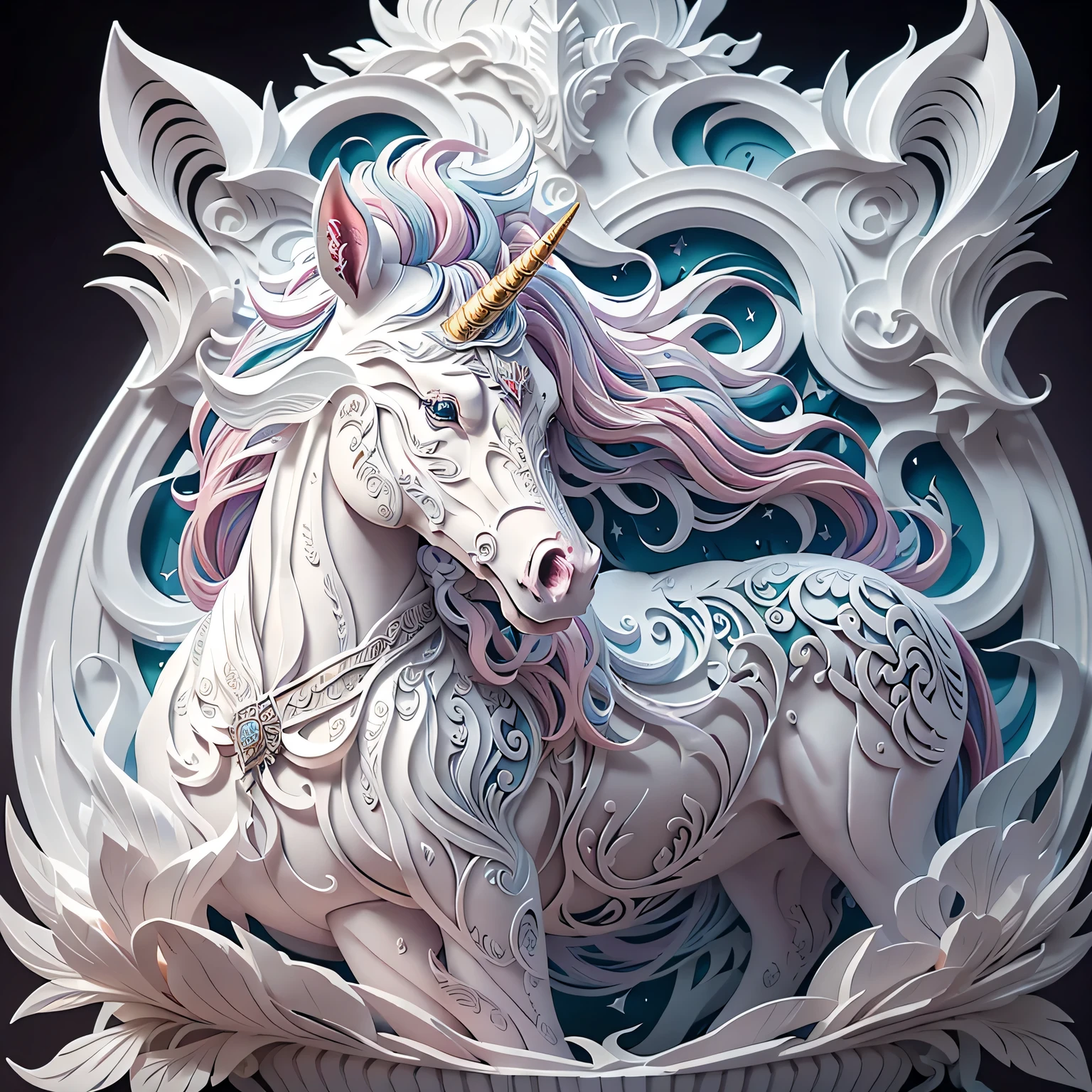 fantasy unicorn, PAPERCUT, unicorn nendoroid, on a crystal pedestal, (masterpiece), (highest quality), (ultra high detail)