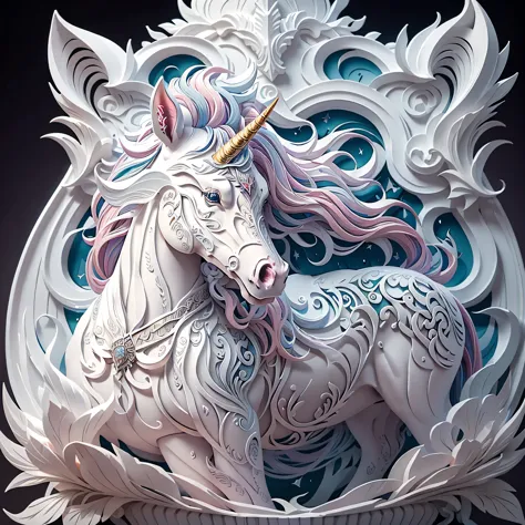 fantasy unicorn, papercut, unicorn nendoroid, on a crystal pedestal, (masterpiece), (highest quality), (ultra high detail)