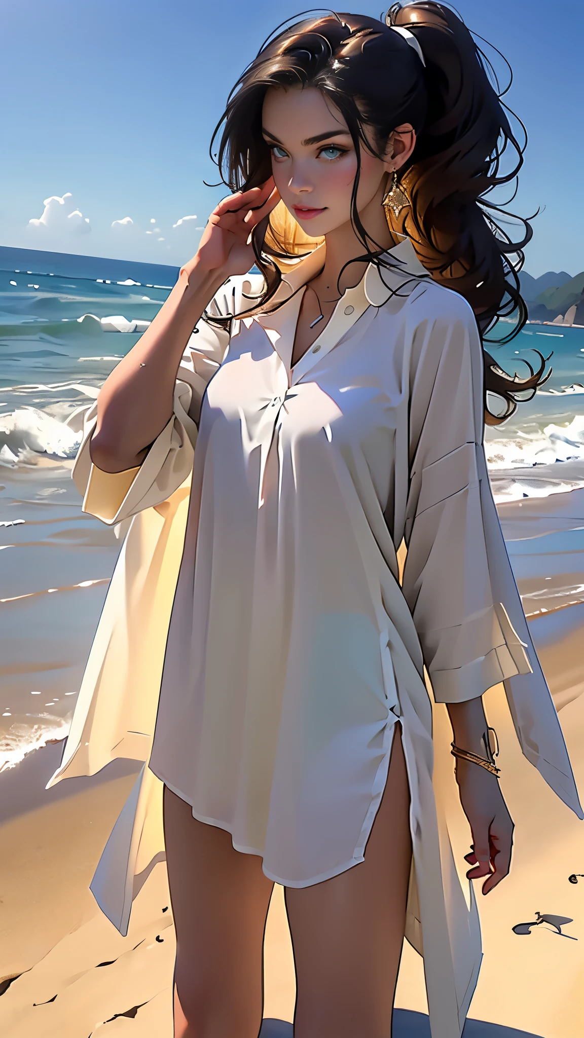 ((masterpiece, Best quality, a high resolution, ultra detailed),(beautiful and aesthetically pleasing:1.2), 1 woman, adult, perfect body, Wavy dark hair, green eyes, hair pulled back into a beautiful ponytail, Detailed eyes and face, long oversized shirt, swimsuit, bikini, golden hour, beach, sea, sand, Palma, complex parts, full body, beachные шлепки