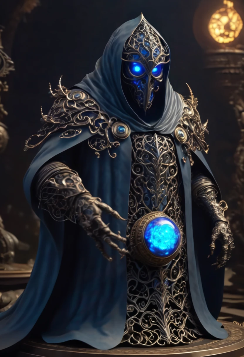 a filigree giant [metal|man|machine|shadow] creature with a blue orb core in chest, cloak, metal mask, dnd style, horror \(theme\),