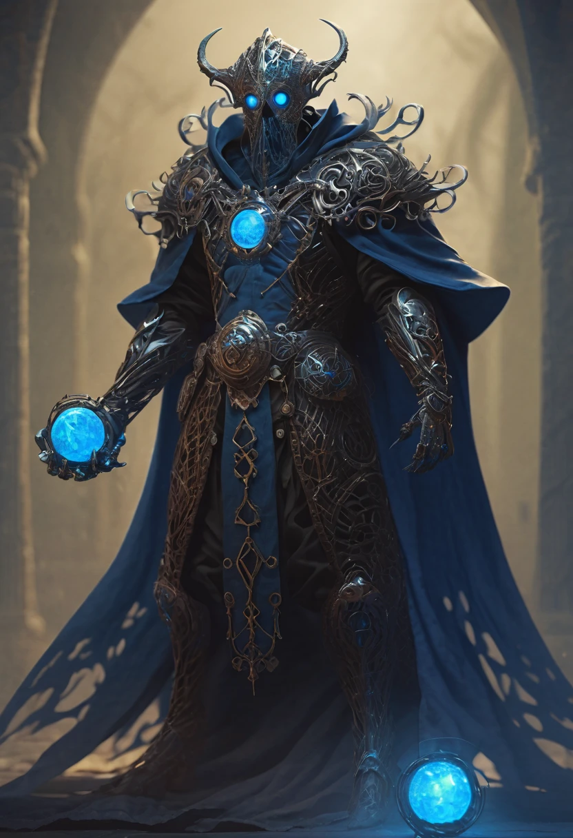 a filigree giant [metal|man|machine|shadow] creature with a blue orb core in chest, cloak, metal mask, dnd style, horror \(theme\),