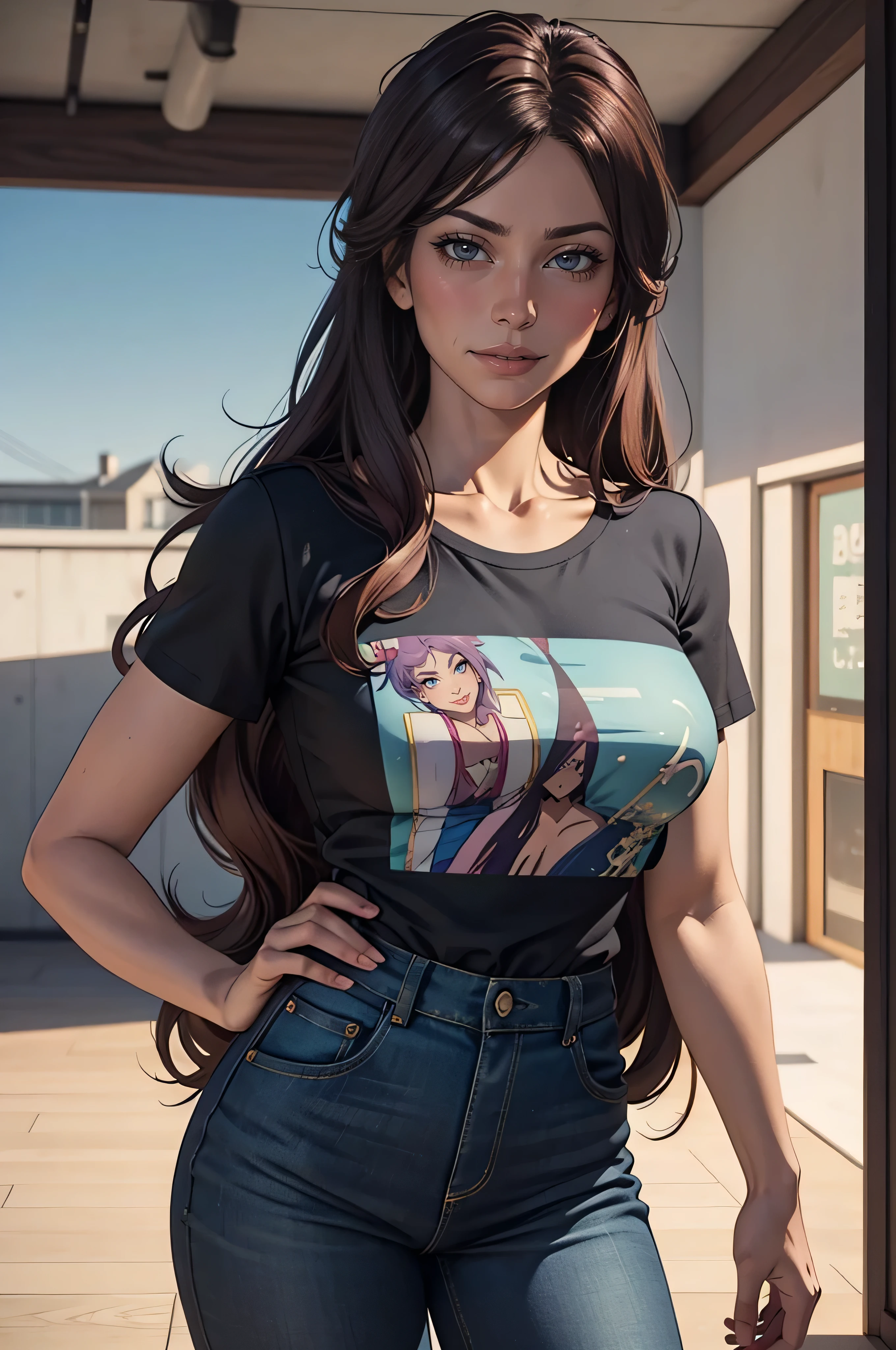 anime girl avec des cheveux longs et une chemise bleue posant pour une photo, style anime 3D réaliste, Anime 3D réaliste, animé photoréaliste, animé photoréaliste girl render, art cg anime lisse, Style animéd 3d, style artistique d&#39;anime réaliste, style de réalisme animé, Style animé. 8k, jeune fille anime réaliste, rendu d&#39;une jolie fille anime 3D