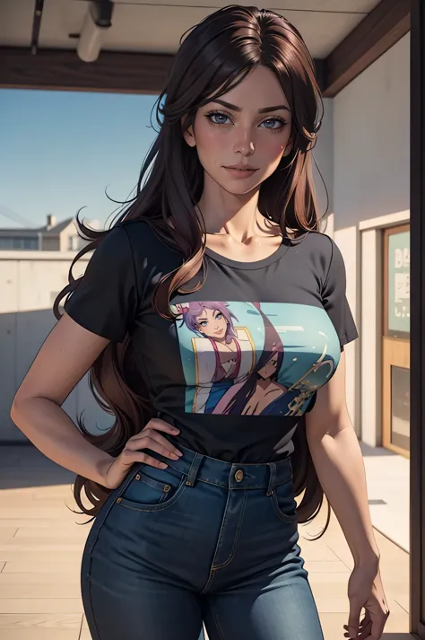 anime girl with long hair and a blue shirt posing for a picture, realistic anime 3 d style, 3 d anime realistic, photorealistic ...