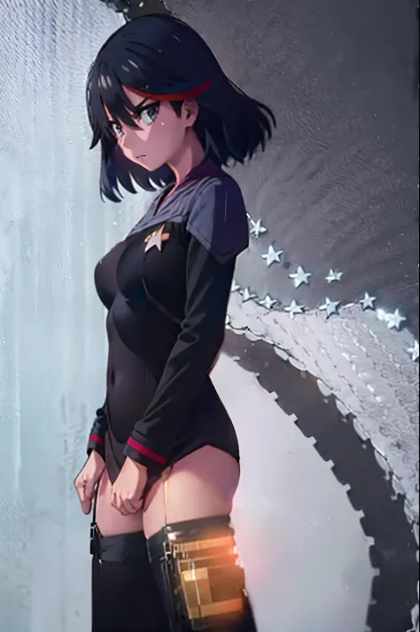 (((pixel-perfect, detail-perfect))), solo, 1girl,  ryuuko matoi,  serafuku, suspenders, navel, closed mouth, v eyebrows, looking at viewer ds9st yellow and black uniform