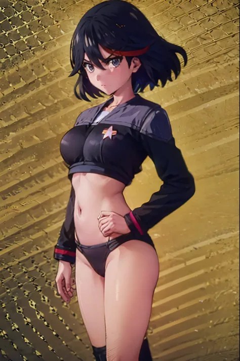 (((pixel-perfect, detail-perfect))), solo, 1girl,  ryuuko matoi,  serafuku, suspenders, navel, closed mouth, v eyebrows, looking at viewer ds9st yellow and black uniform
