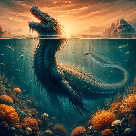 ,hp.lovecraft, image of a super deep lake,vague underwater, cloudy water,a colossal abyssal reptile dragon swimming under it, co...
