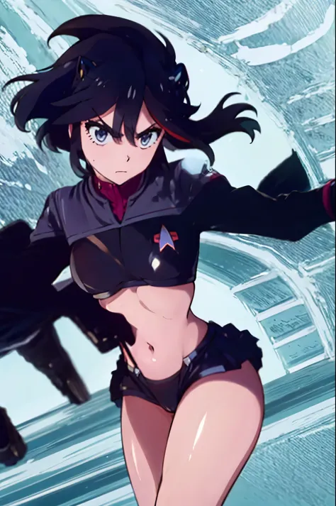 (((pixel-perfect, detail-perfect))), solo, 1girl,  ryuuko matoi,  serafuku, suspenders, navel, closed mouth, v eyebrows, looking at viewer ds9st command