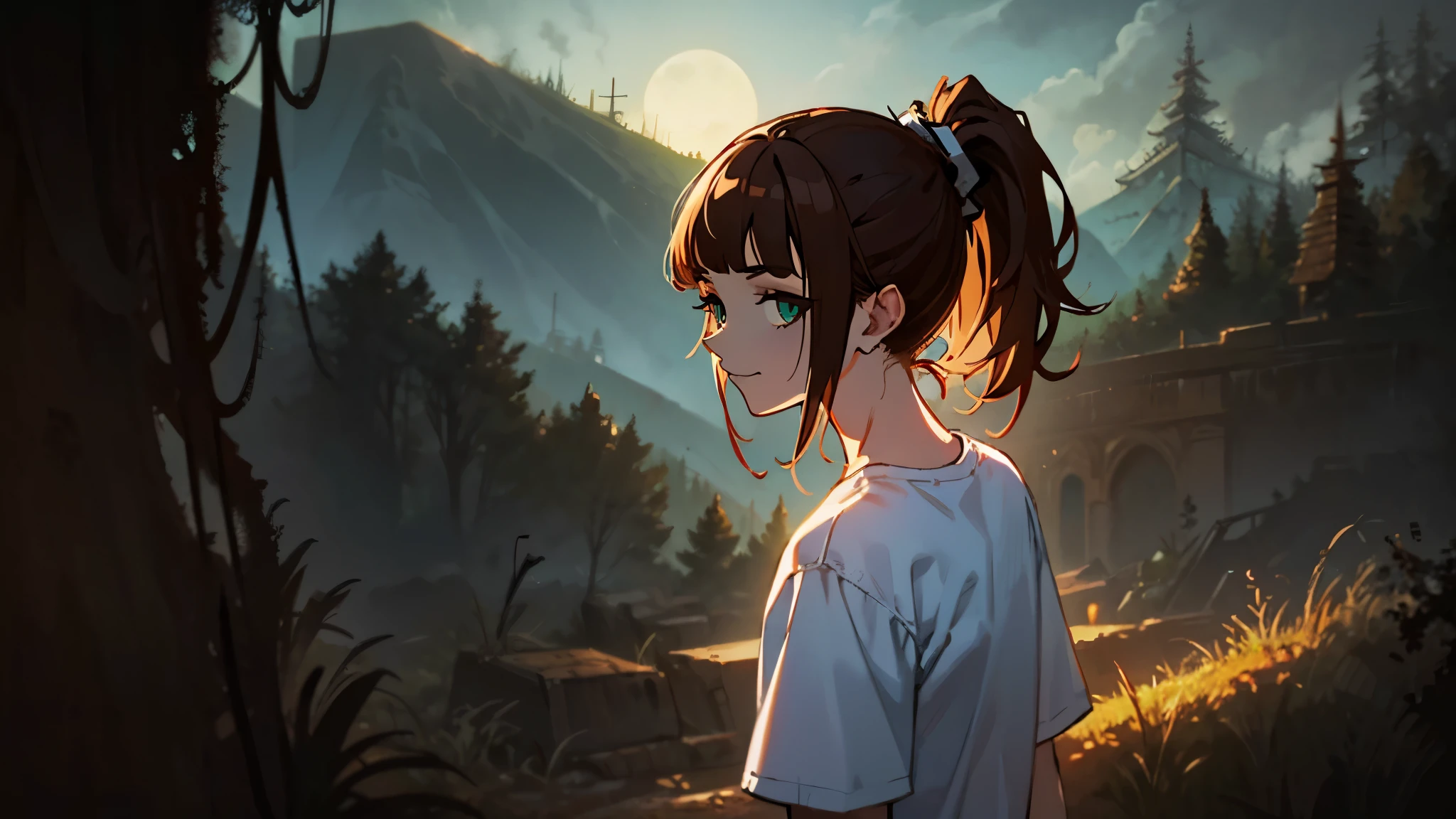 best quality, masterpiece, 1girl, brown hair, forehead, ponytail, bangs pinned back, white t-shirt, matte green pants, smug, looking at viewer, solo, upper body, creepy abandoned fantasy village in the distance, dirt trail, dramatic lighting, casual military