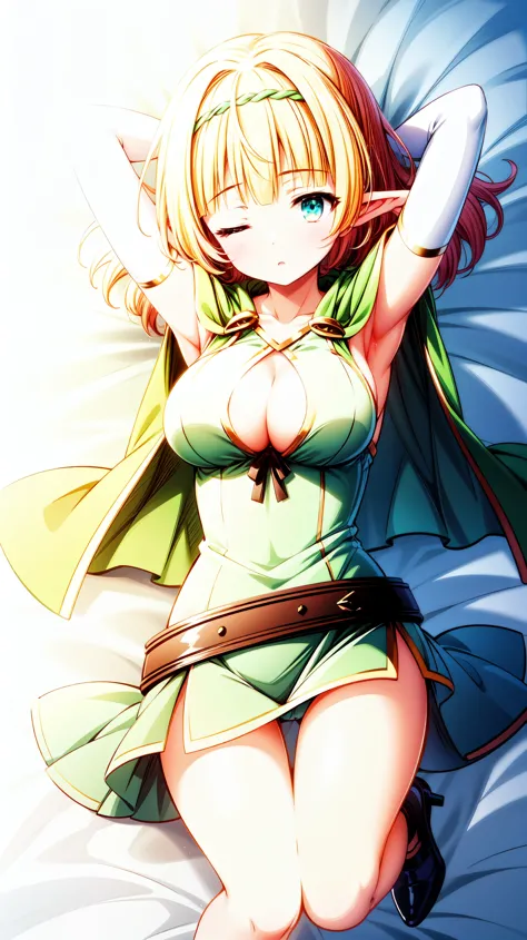 1girl, solo, elf, blush, ;o, small circular mouth, closed mouth, one eyes closed, large breasts, shera isekaimaou, hairband, green dress, cleavage cutout, belt, elbow gloves, green capelet, on bed, looking at viewer, lying, thigh gap, white high heels, arm...