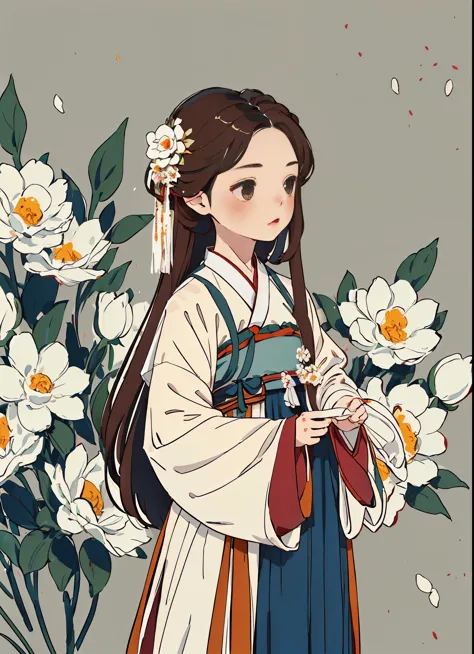 1girl, solo, long hair,  simple background, brown hair,  long sleeves,  upper body, flower, hair flower,  chinese clothes, white...
