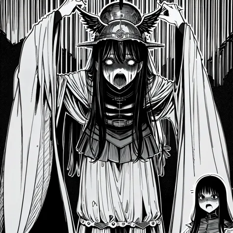 ultra-detailed, Explicit, ultra highres, 4K, Best Quality, Highly detailed, illustration, absurdres, valkyrie, horror, body horror, creepy, nightmare, disgusting, by junji ito, junji_ito style, horror, creepy, nightmare, winged helmet, armored dress, shoul...