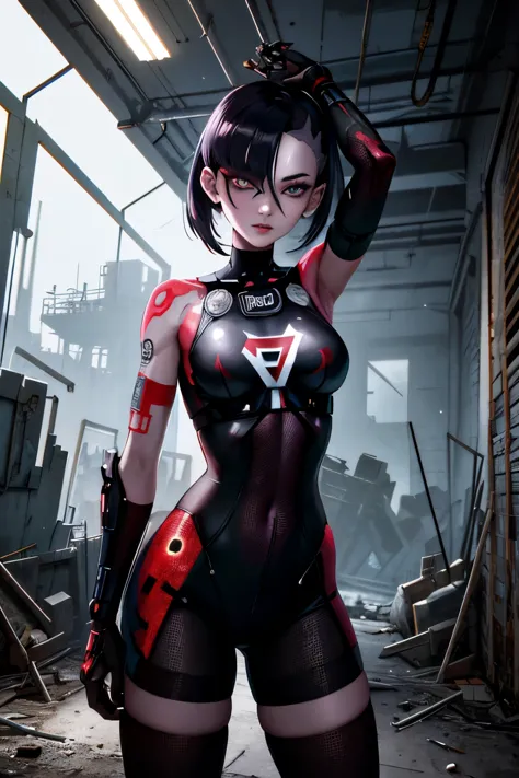 cyborg woman posing for a photo in the inside of an abandoned factory, cyberpunk aesthetic, cyborg woman, dark techno aesthetic,...