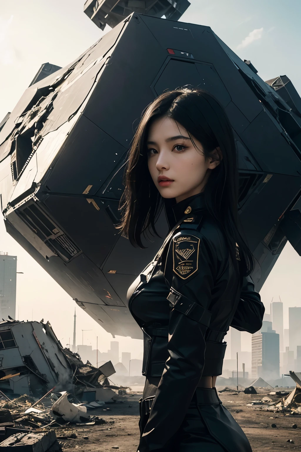 uma linda mulher. ela tem cabelo preto que chega até as costas. Ela está vestindo uniforme de combate preto. Uma mulher está em frente a um pequeno, nave espacial hexagonal. A nave espacial pousou em uma cidade que foi reduzida a um monte de entulho. A nave espacial é preta. Qualidade de imagem 8K. Diferentes Burbank.