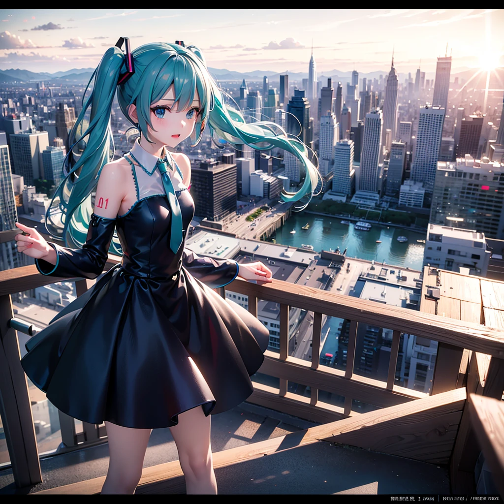 2D, masterpiece, highest quality, anime, very detailed, 1 girl, Hatsune Miku,flying in the sky,Above the city,flying with an aircraft