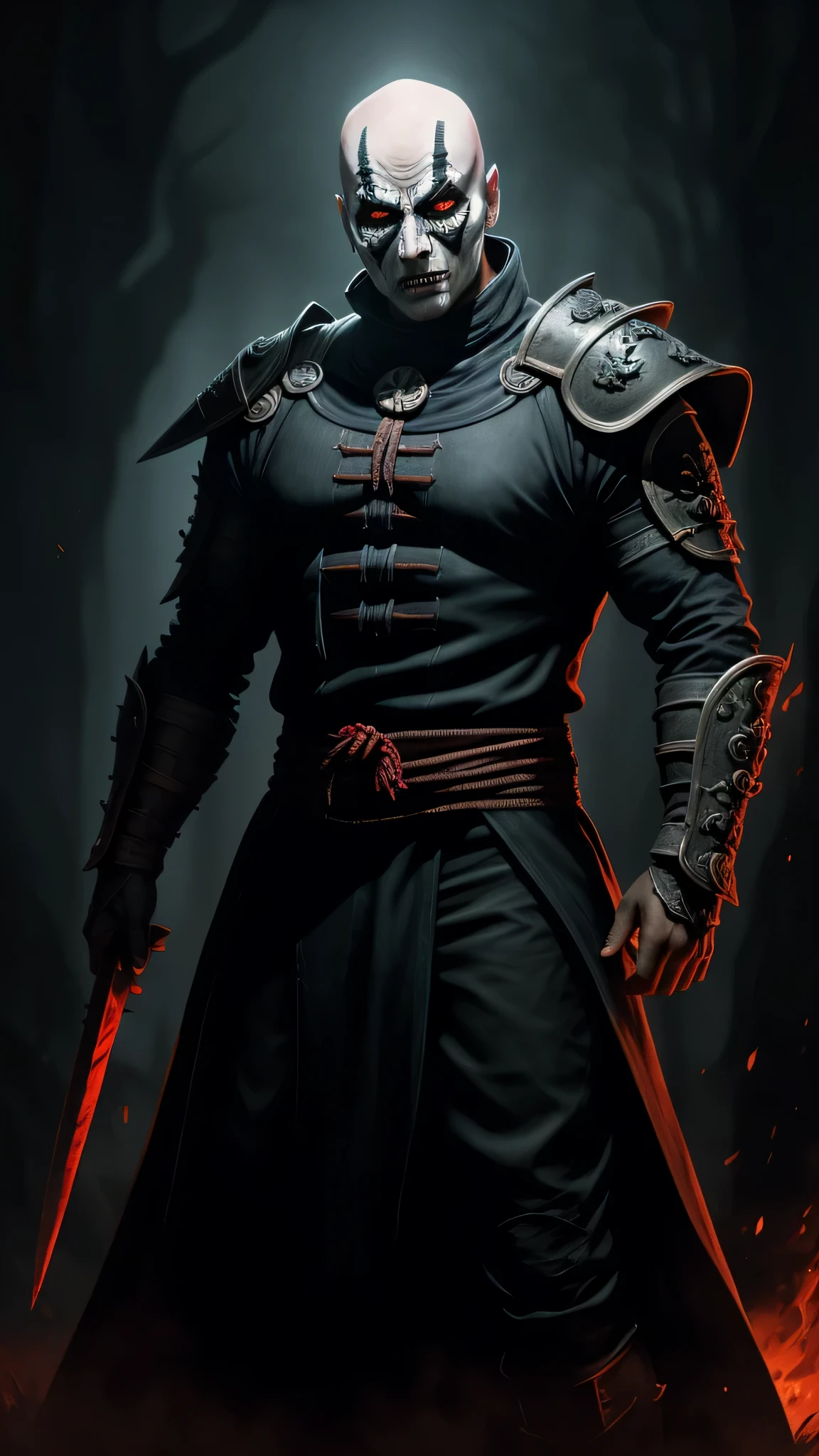 ((Mads Mikkelsen)) as ((Quan Chi)) from Mortal Kombat, solo, sorcerer and necromancer, bald head, pale skin, glowing red eyes, wears dark necromancer armor adorned with occult symbols, dark magic, highly detailed face, full body view, highly detailed face, intricate, high detail, sharp focus, dramatic, photorealistic painting art by greg rutkowski