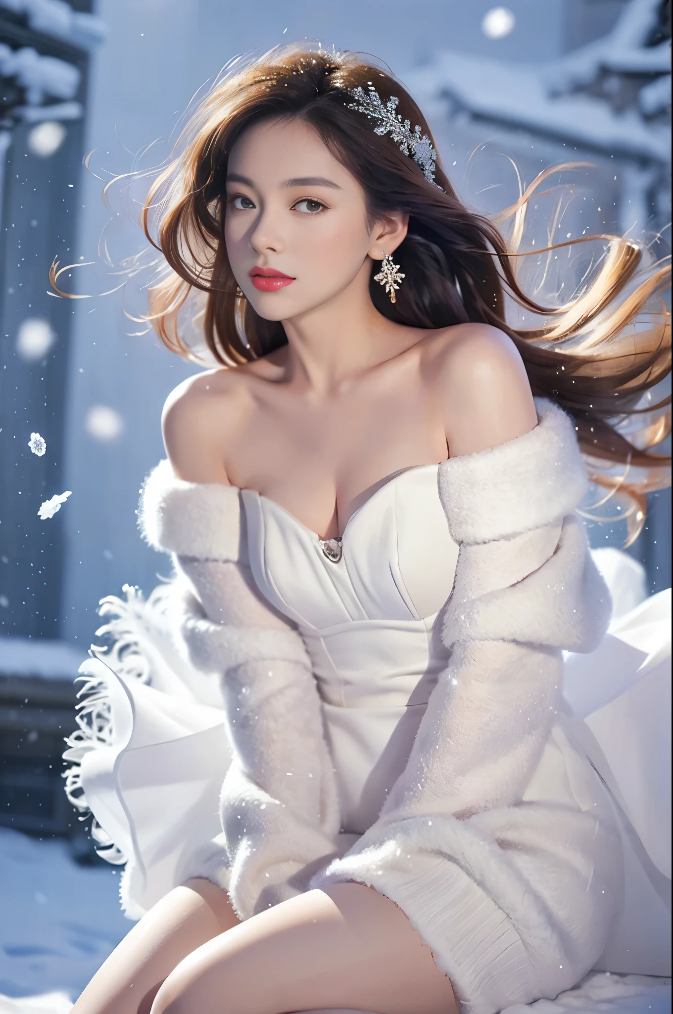 masterpiece、quality、Super detailed、Marilyn Tagg ， Focus on the thighs and above，clear face，（Best quality at best）， beautiful girl：1.5、(Red fluffy off-shoulder dress style)，long hair fluttering，Snowflake earrings、snowflakes falling、Vague、snow world