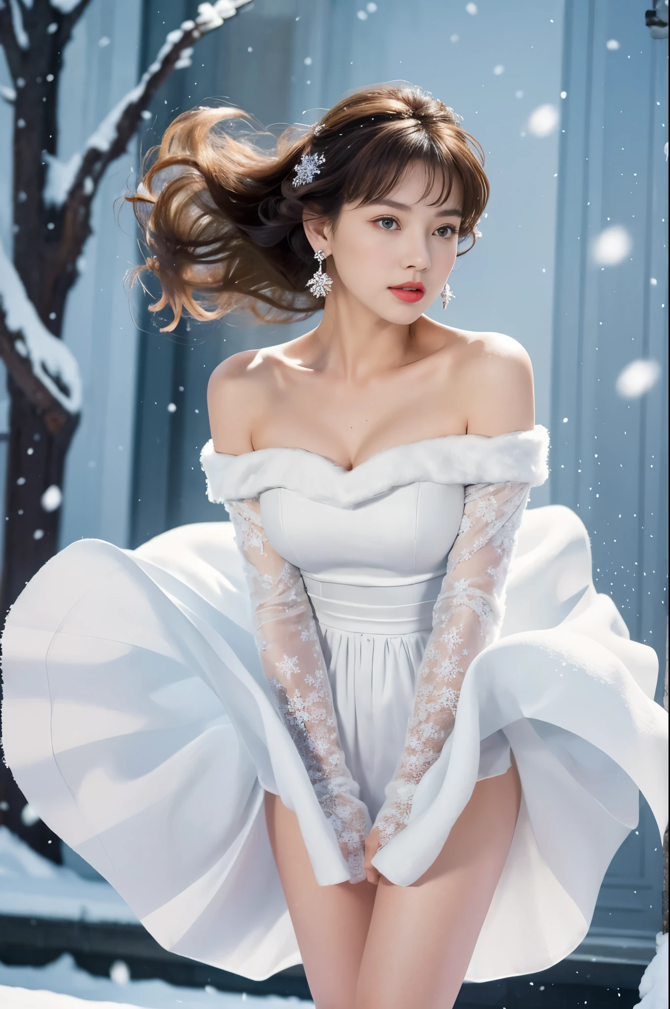 masterpiece、quality、Super detailed、Marilyn Tagg ， Focus on the thighs and above，clear face，（Best quality at best）， beautiful girl：1.5、(Red fluffy off-shoulder dress style)，long hair fluttering，Snowflake earrings、snowflakes falling、Vague、snow world