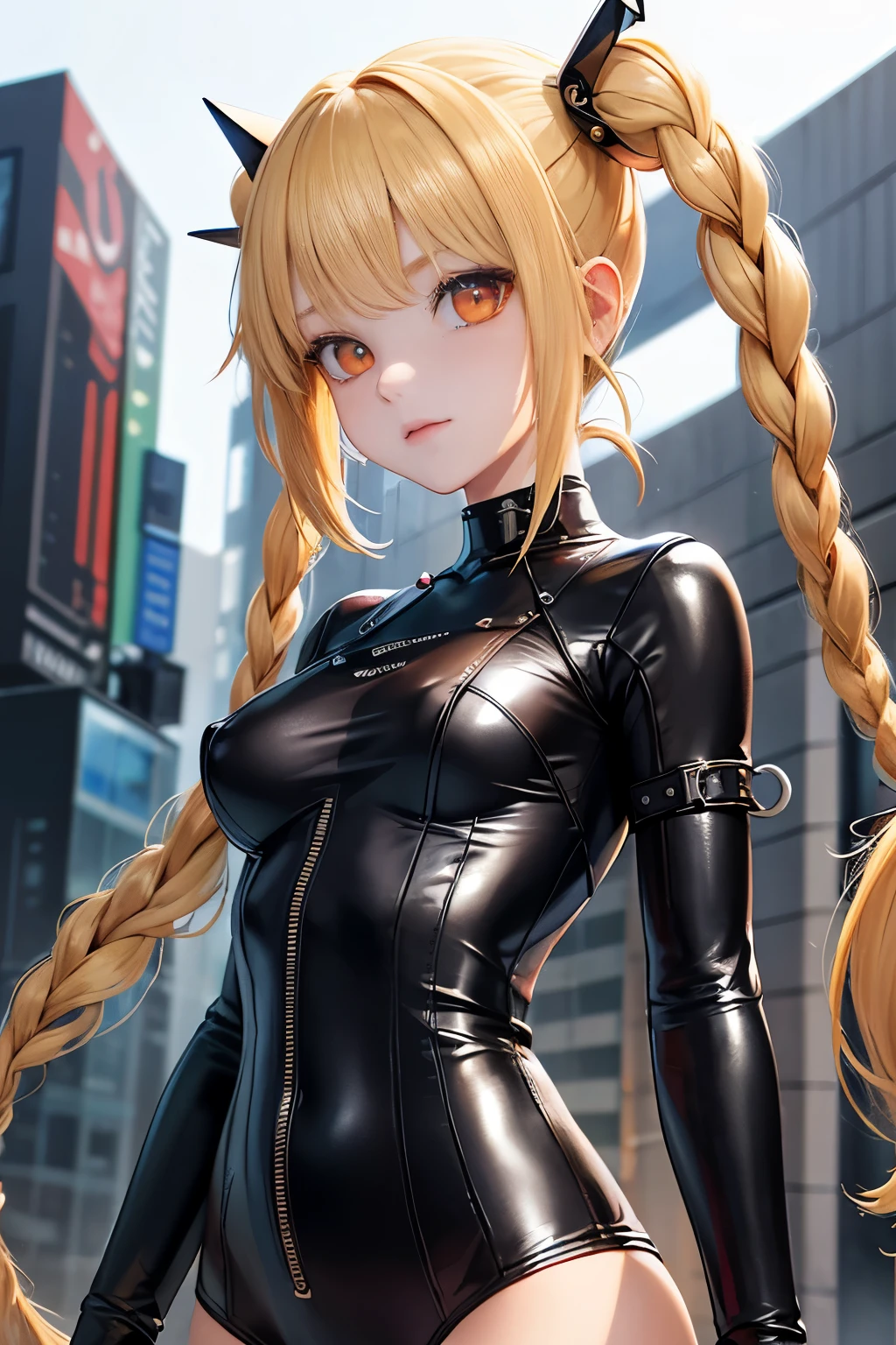 optimal，master piece，High resolution，best quality，hyper hd，super detail，award-winning，16K，solo，（Upper body），correct anatomy，Beautiful Cyberpunk Girl，cute face，，blonde、long hair、twin tails、Braid, hair line，（（scarlet eyes）），long eyelashes，dangling corner of the eye，white skin，(I can see your nipples), transparent chest, (I can see your nipples), transparent chest, shining eyes、rocket , （rim body），（（Women's Super Short Shawl Leather Jacket）），（（bikesuit）），ear studs，（neck ring），（laser material clothing：1.2）