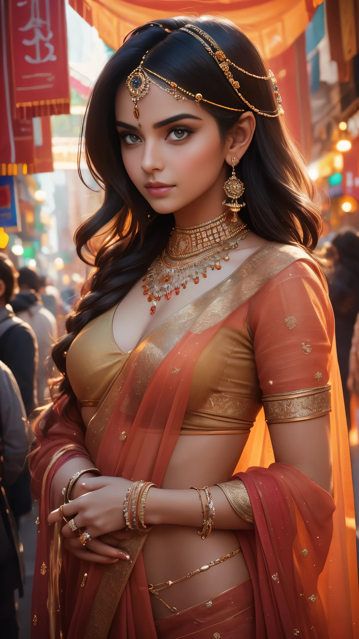 In the bustling streets of a vibrant Indian city, amidst the kaleidoscope of colors and scents, a woman (((Selena Gomez:Emma Watson:0.7))) clad in a vibrant gold saree and a black blouse becomes an ethereal sight that captivates all who lay eyes upon her. Her undeniable beauty transcends time and space, leaving onlookers spellbound.

Describe the scene as the woman, with her graceful presence, glides through a crowded marketplace, where merchants and shoppers pause to admire her radiance. The atmosphere is alive with whispers as her mesmerizing allure evokes a sense of awe and admiration.

Embark on a journey to reveal the woman’s story—her name, her background, her passions—and the reasons behind her choice of attire. Explore her persona, intertwining elements of mystery and allure, as people speculate on the secrets hiding behind her enchanting gaze.

Incorporate the sights, sounds, and emotions that surround this extraordinary woman, as she navigates through the city’s vibrant tapestry. Whether it be the scent of freshly ground spices, the distant sound of temple bells, or the intricate henna designs adorning her hands, immerse the reader in the sensory experience of this captivating moment.

As the story unfolds, her path intertwines with that of a curious photographer who becomes determined to capture her undeniable beauty in a single photograph. Describe their encounters, the photographer’s attempts to understand her story, and the profound impact this woman’s presence has on his own life.