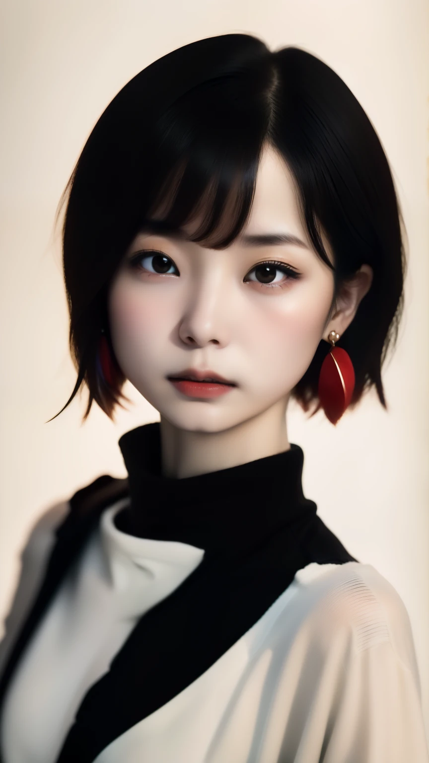one girl, An ennui look、Upper body angle、 Concrete background、Because I&#39;m slender、small breasts、turtleneck shirt、earrings、Accurately detailed hair behavior、Riman、bob cut、 short hair, colorful hair, compensate, parted lips, red lips, eyeliner particles,(((a black and white photo:1.3、RAW photo)))、highest quality、ultra high resolution、masterpiece、background blur,