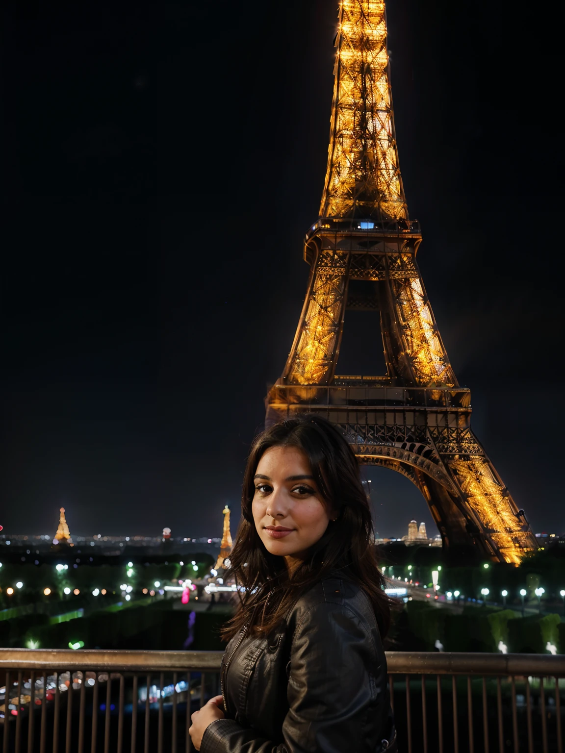 Araffes woman standing in front of the eiffel tower at night - SeaArt AI