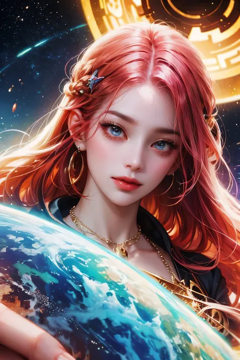 Close-up of a woman with colorful hair and necklace, anime girl with space hair, Rossdraws soft vibrancy, Art in the Gviz style,...