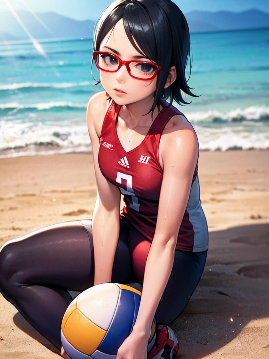 Illustration in the style of comic artist "Mike Deodato". "Sarada Uchiha" with short hair, black eyes and prescription glasses. Tattoos. (She is dressed as a beach volleyball player). She is playing volleyball on a curled up morning on the beach in Okinawa. She is being illuminated by the sunlight highlighting her athletic, sweaty and slightly tanned body. Artistic dedication. Creative mix, thought-provoking composition. Red lipstick. Small