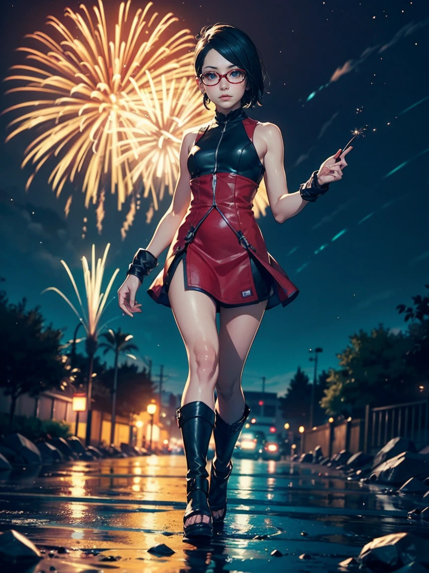 moltal kombat 11: aftermath. Illustration in the style of comic artist Jim Lee. Full body image illustration of woman Sarada Uchiha with short hair, black eyes and red glasses, small, purple. She dressed up as a bunny and is parading in Shibuya Halloween in a blood moon night starry sky. Lighting the scene dramatically. Artwork . Detailed image. Artistic dedication. Creative mix. Fireworks. small, reflections and shine