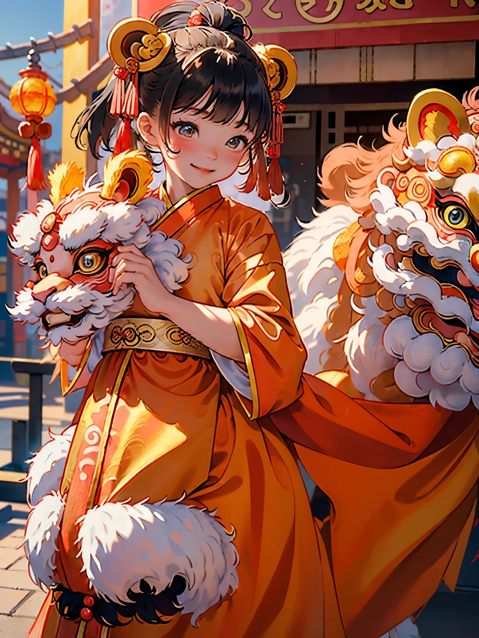 dream to be((lion dance girl))of cute girls, ((preschool))，装扮成lion dance girl，wear(((Hanfu robe))), background：Chinese style buildings and red lanterns around，smiling, (masterpiece: 1.2) (actual: 1.2) (Bokeh) (best quality) (delicate skin: 1.3) (intricate details) (8k) (exquisite eyes) (sharp focus), (happy)